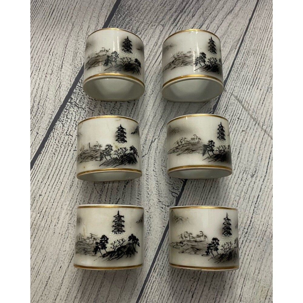 Fukagawa Arita Porcelain Napkin Rings, Landscape Pattern 903, Set of 6